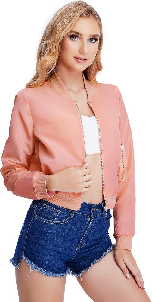 Romwe Women's Classic Solid Biker Jacket Zip up Crop Bomber Jacket Coat | Amazon (US)
