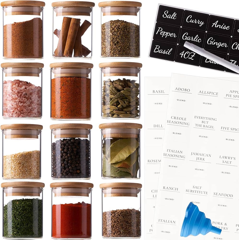 Stylvio 12 Pcs 4oz Spice Jars with Bamboo Lids, Airtight Seasoning Containers with 152 Pre-printe... | Amazon (US)