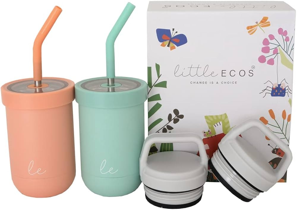 Double walled Insulated Smoothie cups for kids | Toddler Cups with Straws | Set of 2 Straw Sippy ... | Amazon (US)