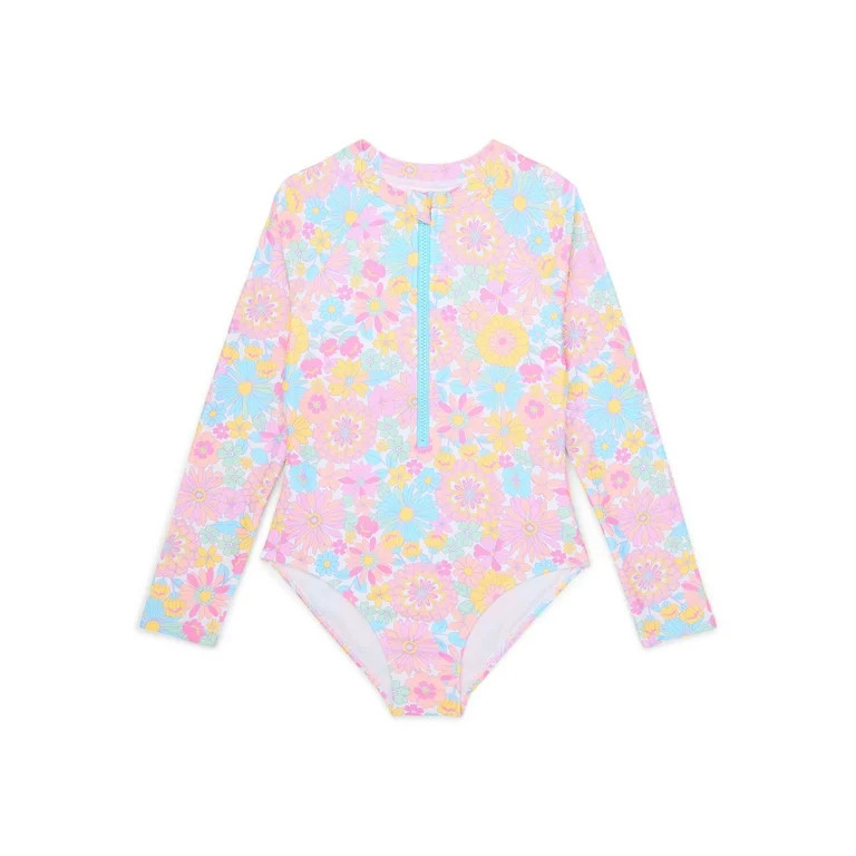 Wonder Nation Girls Long Sleeve Zip-Up Rash Guard One-Piece Swimsuit, Sizes 4-18 & Plus | Walmart (US)