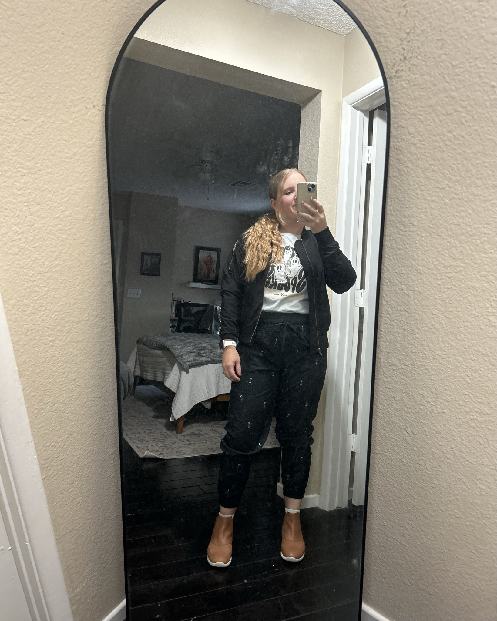 Perfect October outfit!! Skeleton pants, spooky shirt, and black bomber 🖤