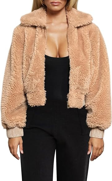 FANCYINN Womens Teddy Cropped Faux Fur Jacket Furry Lapel Coat Zip Up with Pockets Warm Winter | Amazon (US)