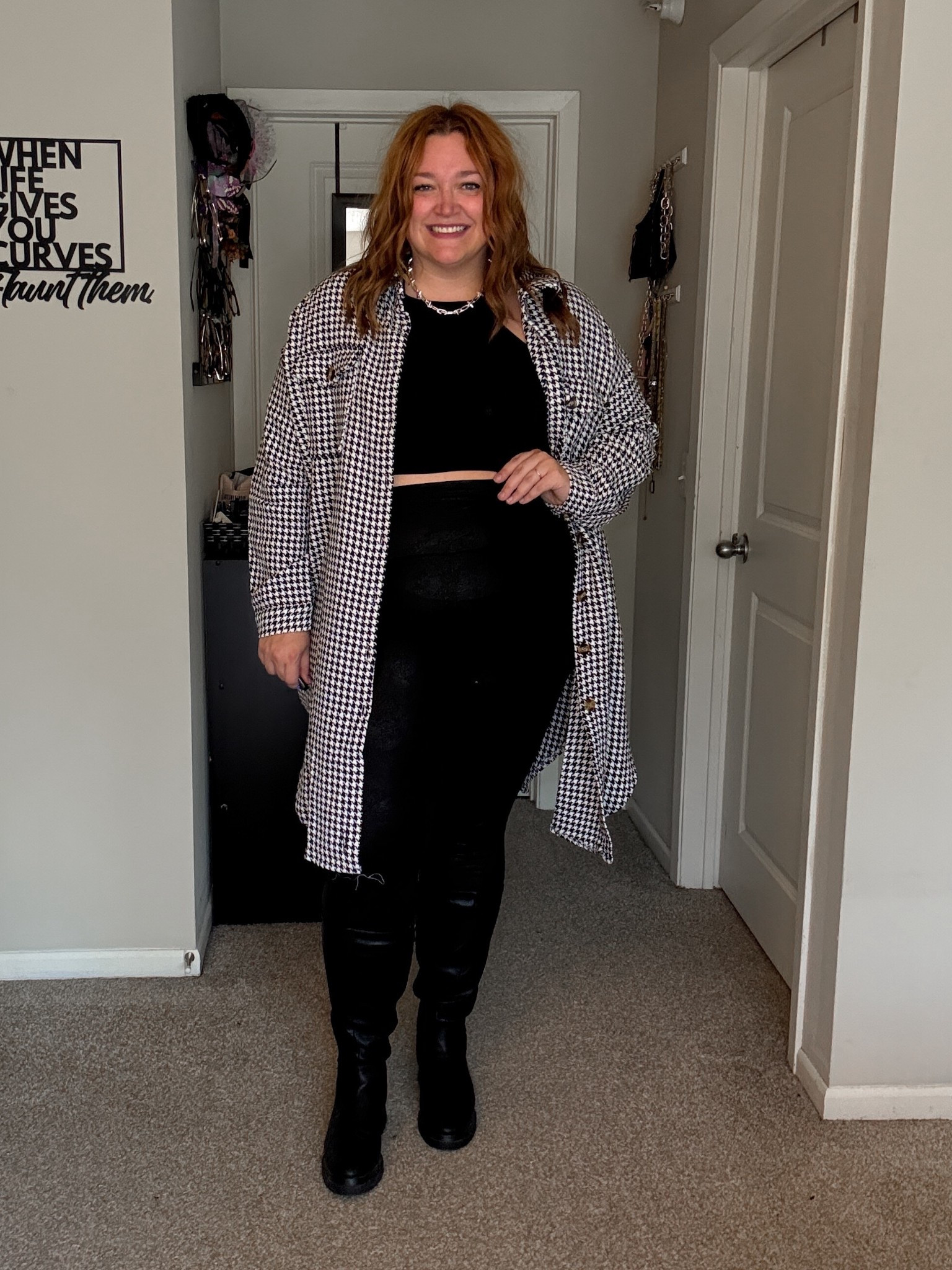 Wearing XXL houndstooth Shacket as a pear shaped 16/18

Necklace is Larissa Loden tome

#LTKPlusSize #LTKMidsize #LTKTall