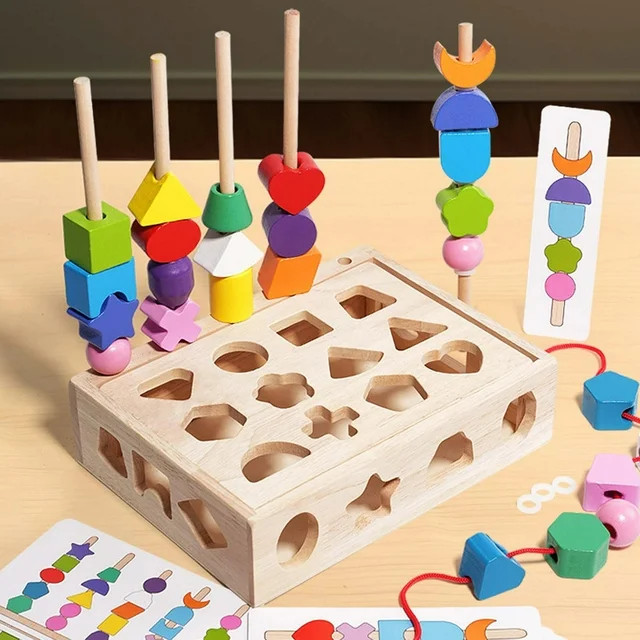Girls Toys Age 6-8 Wooden Beads Sequencing Toy Set 3 In 1 Wooden Color Shape Sorters Toys Lacing ... | Walmart (US)