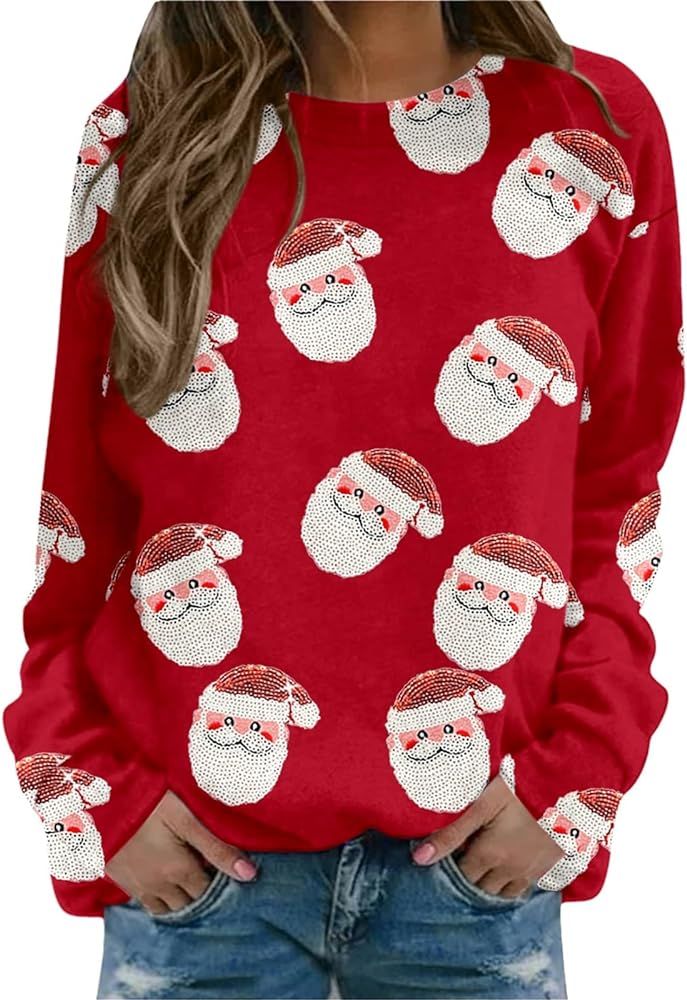Rvidbe Ugly Christmas Sweater for Women 2023 Cute Santa Claus Printed Casual Crewneck Long Sleeve... | Amazon (US)