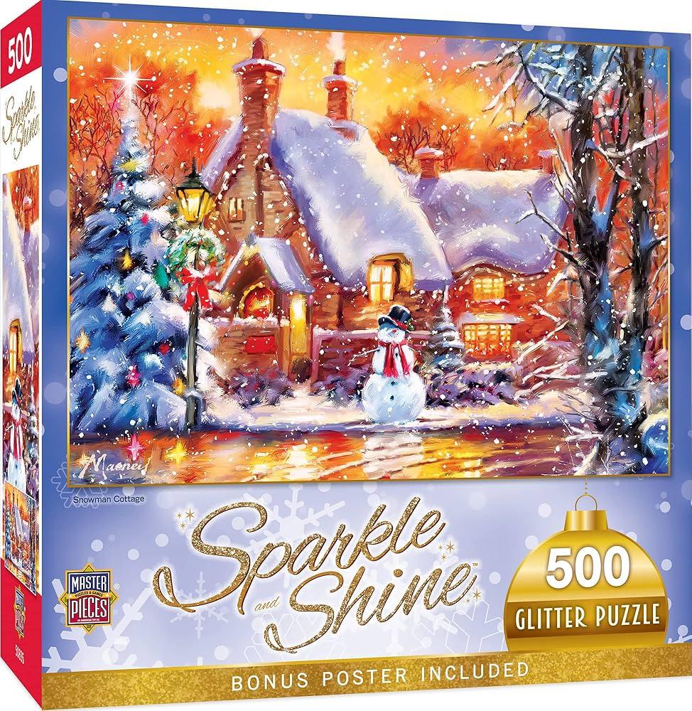 Masterpieces 500 Piece Glitter Christmas Jigsaw Puzzle - Snowman Cottage - 15"x21" | Amazon (US)