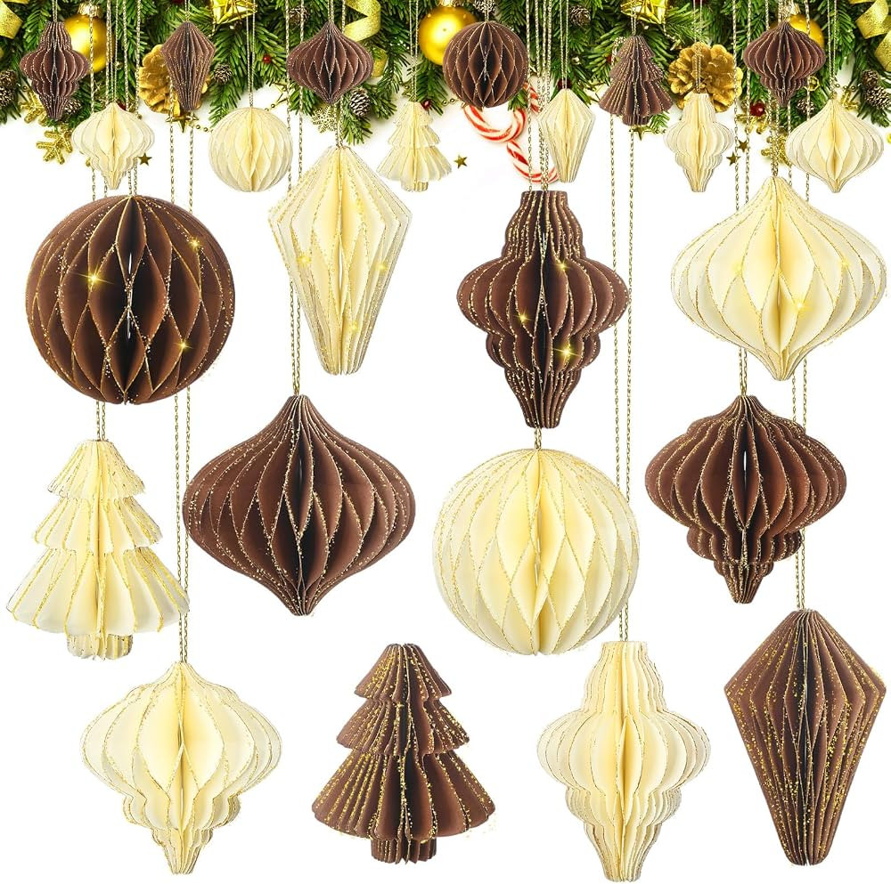 Hungdao 12 Pcs Christmas Paper Honeycomb Balls Hanging Ornament Khaki Pom Poms Decorative 3D Mini... | Amazon (US)