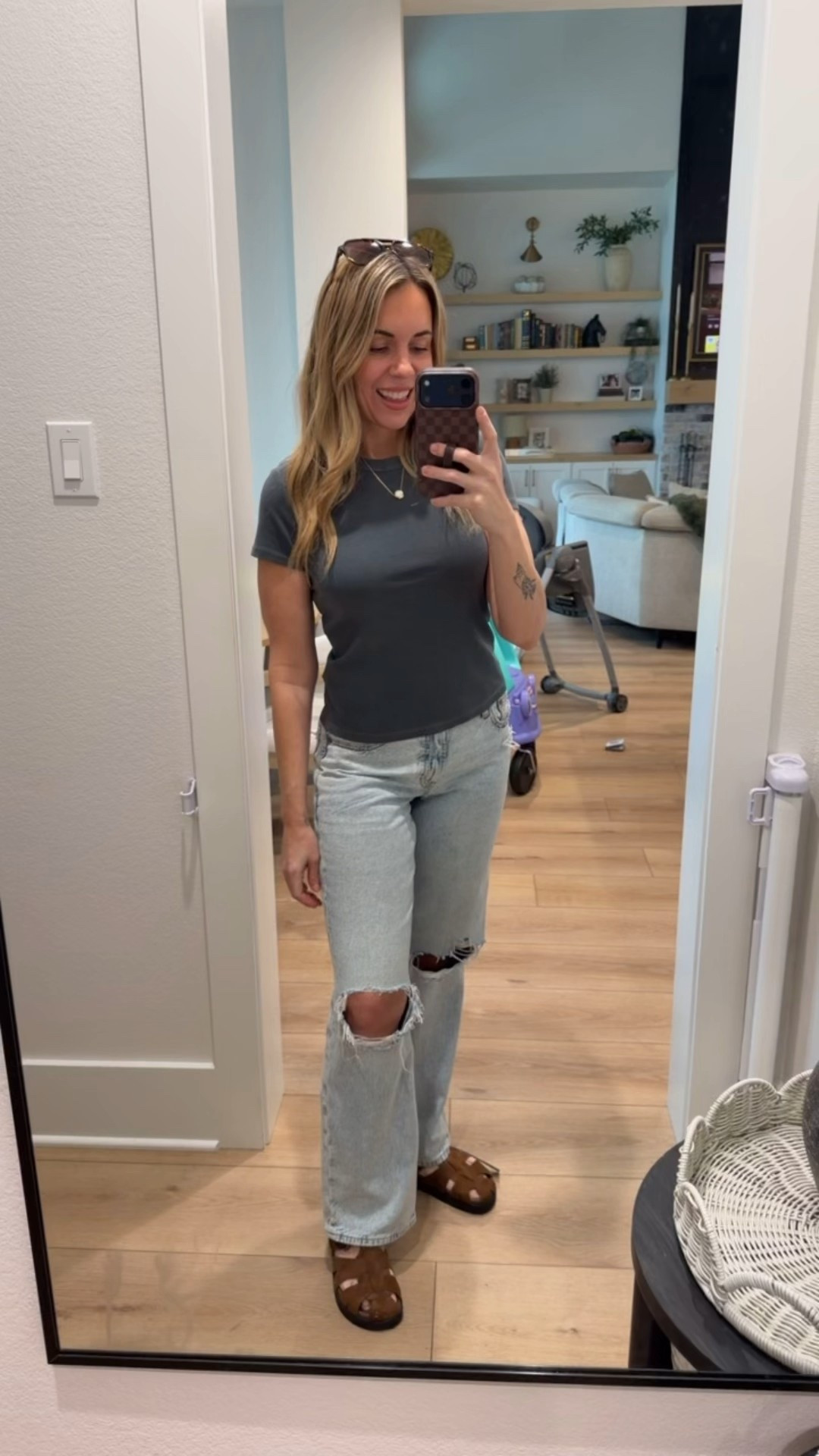 Wearing my true size 8 in the sandals! Tee is also my True small and jeans are my absolute fave AE jeans EVER and they will get baggy as you wear them so I like to size down for a snug fit. I prefer a long length in them but this is the regular length. I’m 5’7. 

#LTKmomlife #LTKootd