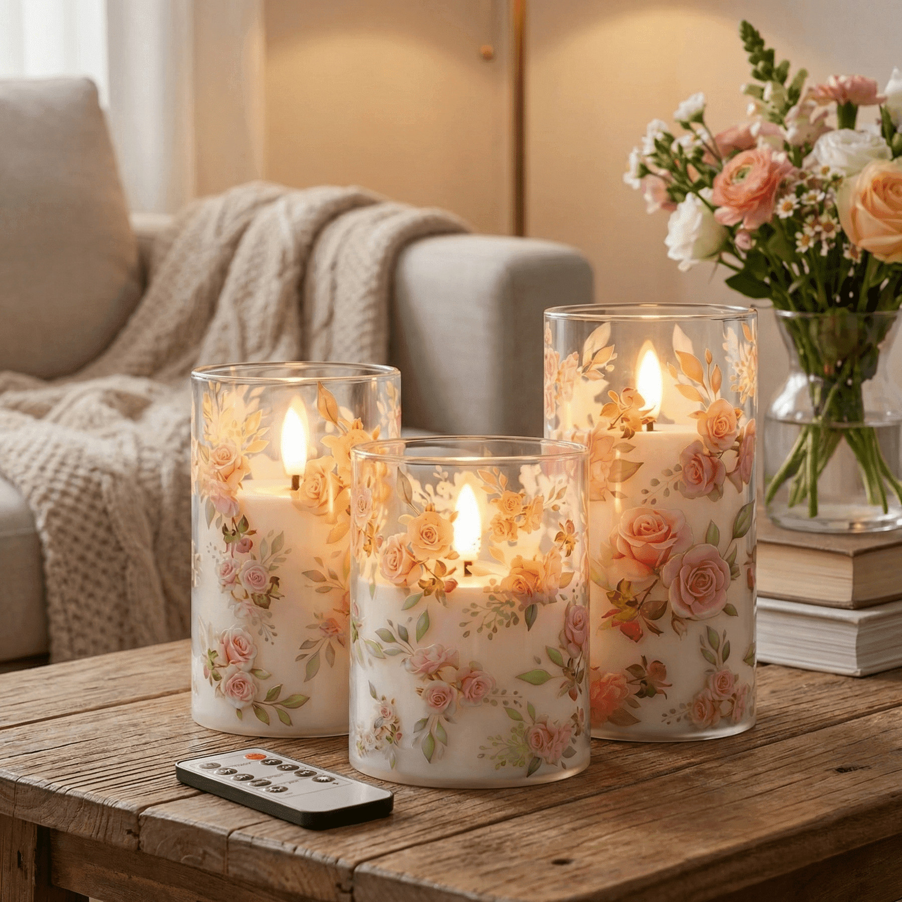 Goyuon Flameless Candles Flickering with Remote and Timer,3D Wick Acrylic Electric Fake Candles, Battery Operated LED Pillar Candle-Pink Rose Decal 4''x5''x6'' - Walmart.com | Walmart (US)