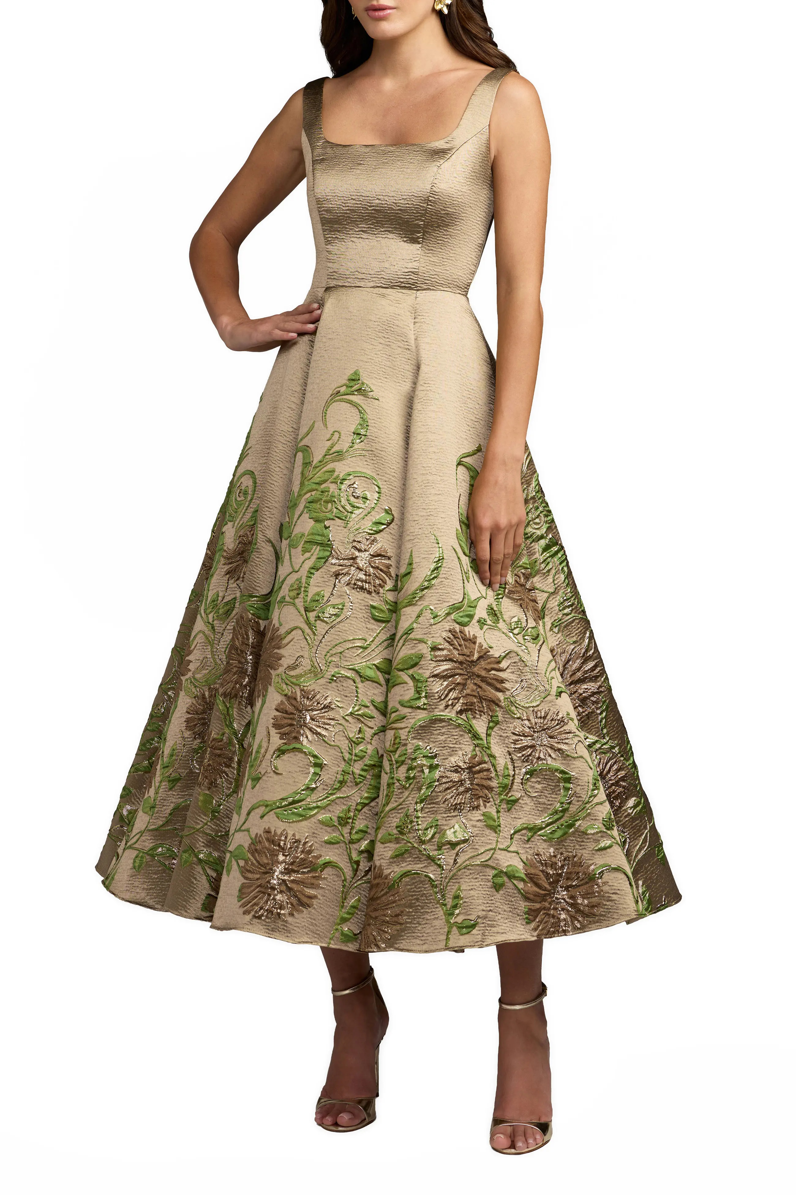 Mac Duggal Embroidered Floral Jacquard A-Line Midi Dress in Gold at Nordstrom, Size 6 | Nordstrom