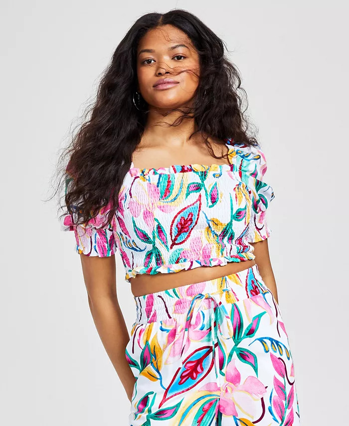 Bar III Women's Smocked Puff-Sleeve Crop Top, Created for Macy's  & Reviews - Tops - Women - Macy... | Macys (US)