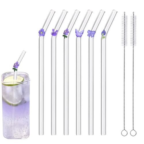 ZRLABL Reusable Glass Straws - 8" x 8 MM, Set of 6, Clear Glass Drinking Straws for Beverages (Purple, Normal-6 PC Straws & 2PC Cleaning Brush) | Amazon (US)