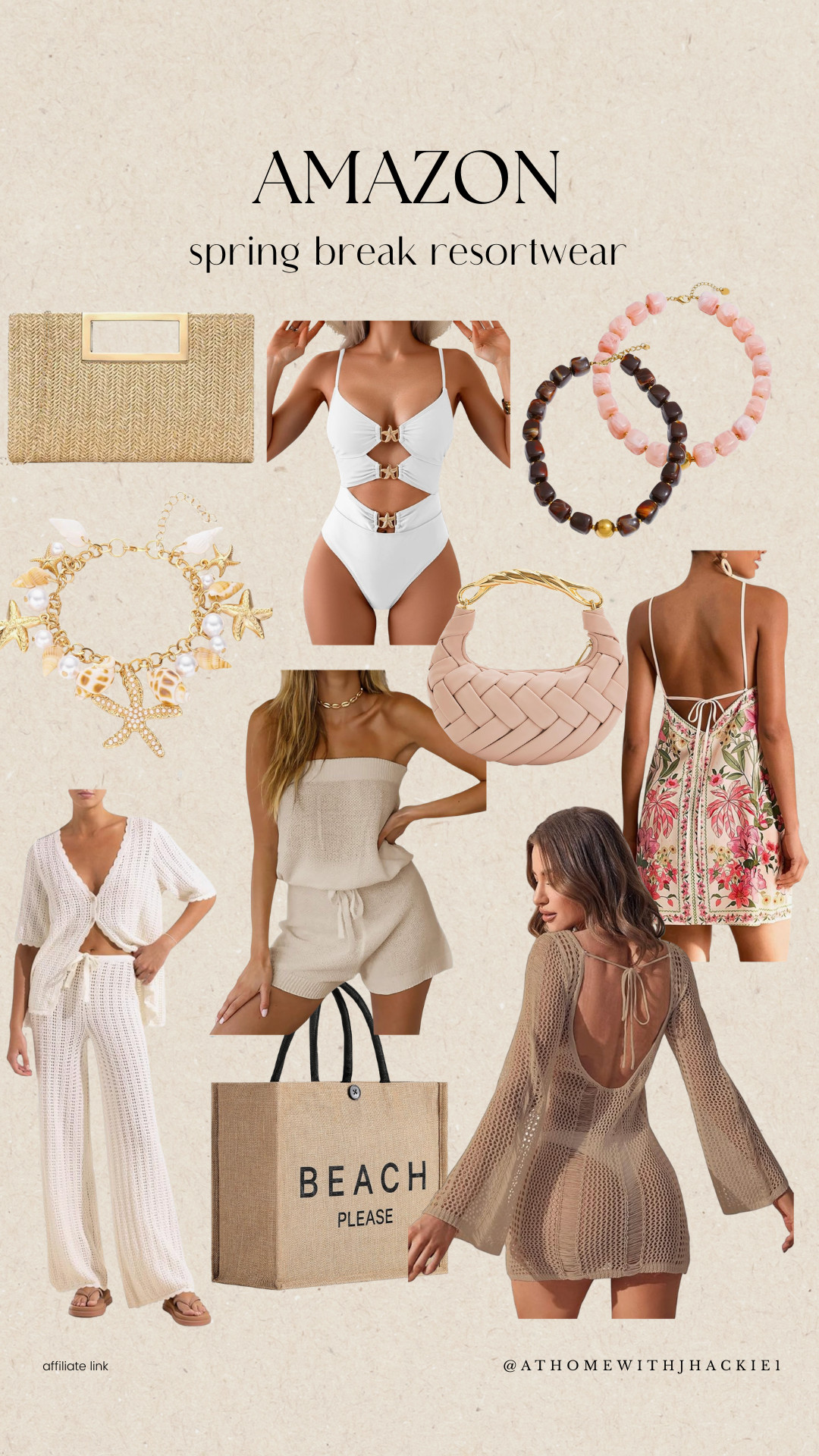 Amazon resortwear women, spring break outfits 2026, amazon one piece swimsuit cutout, neutral beach cover up dress, crochet beach set women, straw clutch bag, woven beach tote bag, floral mini dress vacation, chunky beaded bracelets, shell charm bracelet gold, spring vacation outfits women, amazon beach accessories, tropical getaway outfits, affordable swimwear amazon, beach capsule wardrobe 

 

#LTKBeauty #LTKTravel