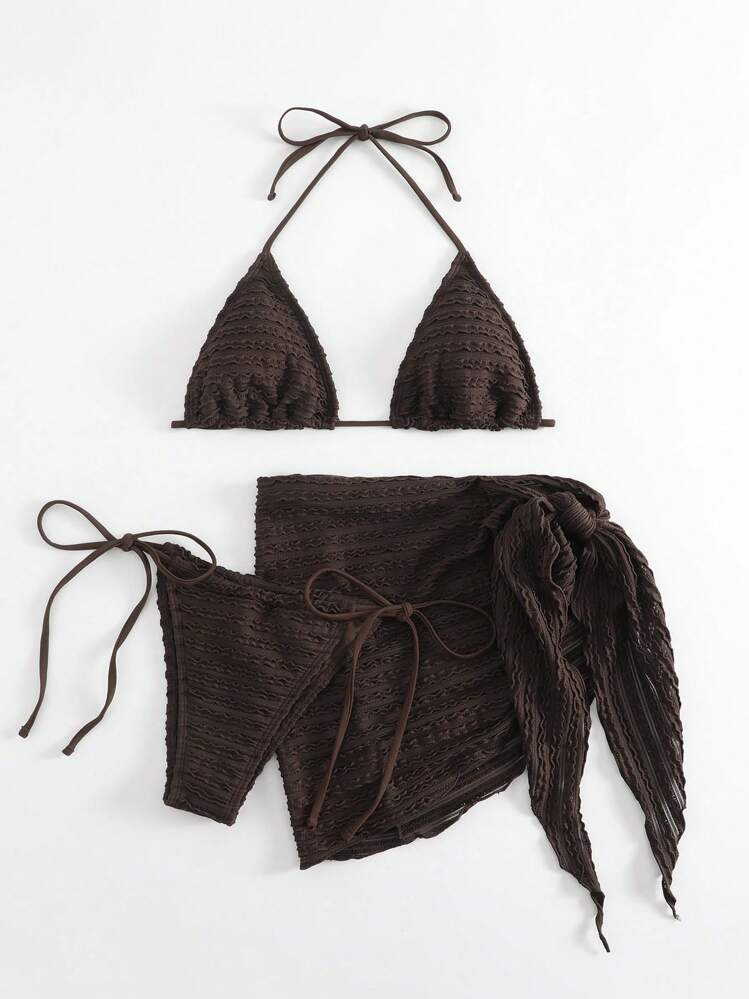 SHEIN Swim Summer Beach Shirred Halter Triangle Bra & Swim Bottom Bikini Set With Beach Cover Up Skirt Bathing Suit | SHEIN