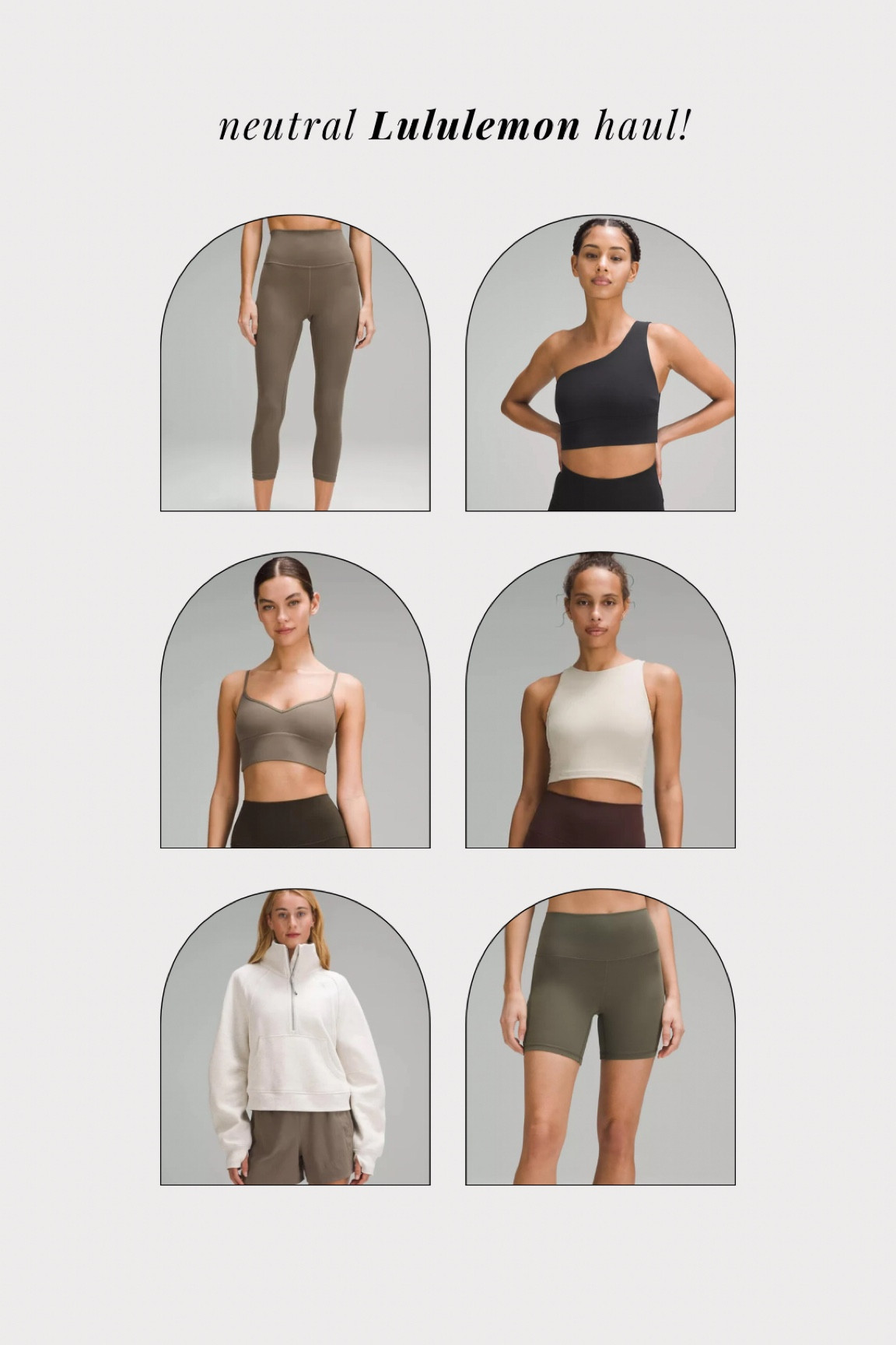 Neutral sports bras, leggings, tanks and sweaters from Lululemon. 

Fitness, workout clothes, gym wear, workout fit, lululemon

#LTKtravel #LTKfitness #LTKfindsunder100