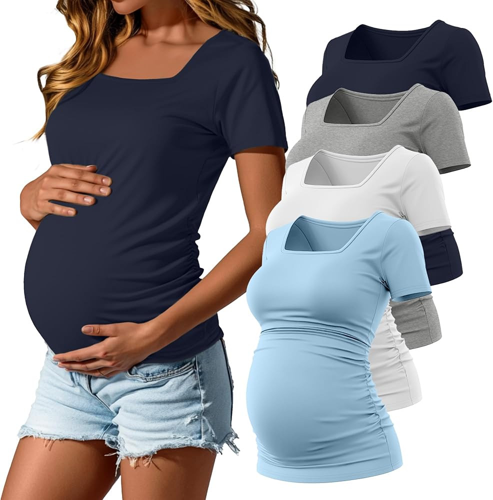 Baggyfly 4 Pack Women's Maternity Shirts Square Neck Pregnancy Tops Side Ruched Short Sleeve Tees... | Amazon (US)