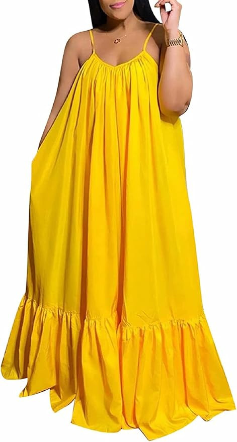Womens Sexy Sleeveless Spaghetti Strap Dress Ruched Ruffle Hem Beach Loose Long Maxi Swing Dress ... | Amazon (US)