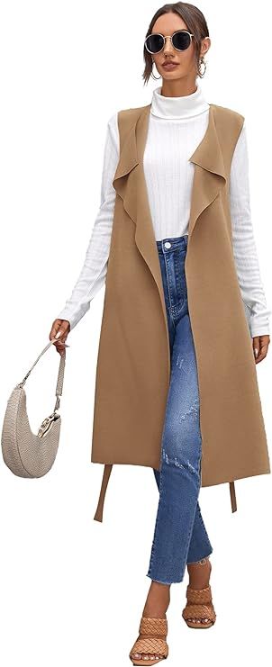 SheIn Women's Draped Open Front Sleeveless Cardigan Longline Belted Outerwear Duster Vest | Amazon (US)