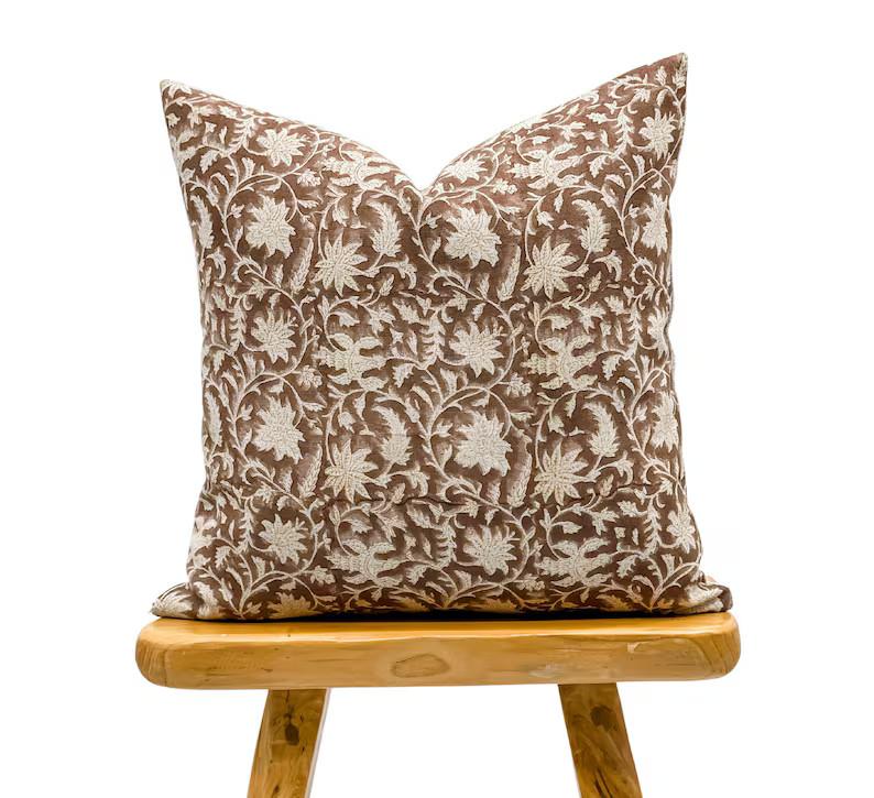 Designer Floral Umber Mustard on Natural Linen Pillow Cover, Brown Pillow Cover, Boho Pillow, Dec... | Etsy (US)