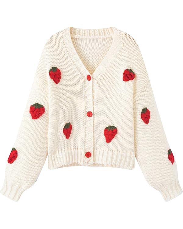 FindThy Women’s Kawaii Strawberry Embroidered Cardigan Long Sleeve V Neck Chunky Knitted Cardig... | Amazon (US)