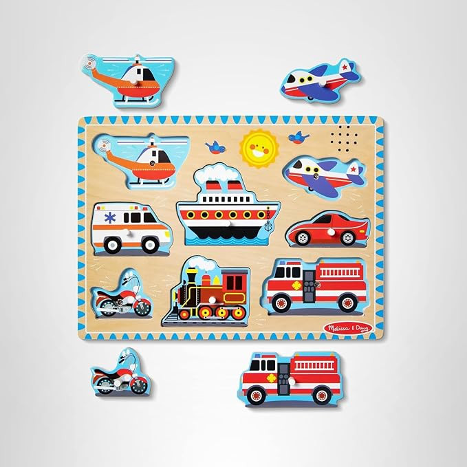 Melissa & Doug Vehicles Sound Puzzle – 8-Piece Wooden Peg Puzzle with Light-Activated Sounds, M... | Amazon (US)