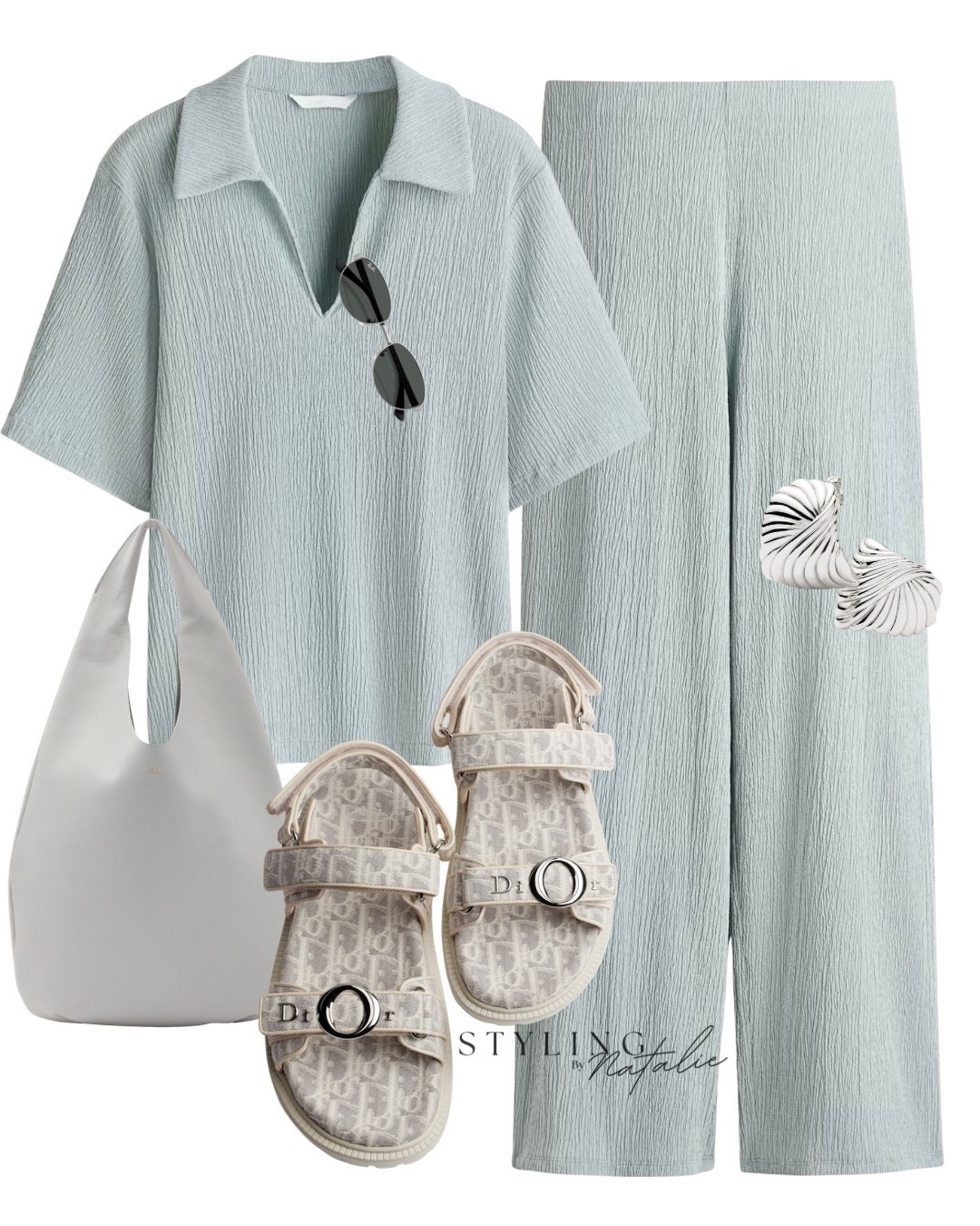 CO-ORD SETS-
Crinkle polo shirt and matching trousers, Dior sandals, APC tote bag, RayBan sunglasses & silver earrings. 
Everydaybstyle, spring outfit 2026, summer style, vacation outfit, high street, H&M 

#LTKspring #LTKsummer #LTKuk
