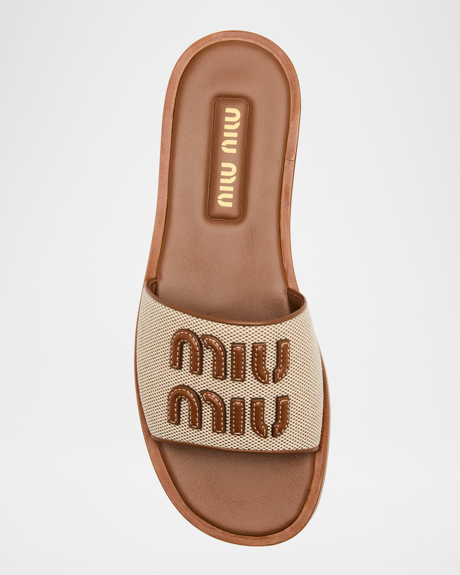 Miu Miu Canvas Logo Flat Slide Sandals | Neiman Marcus