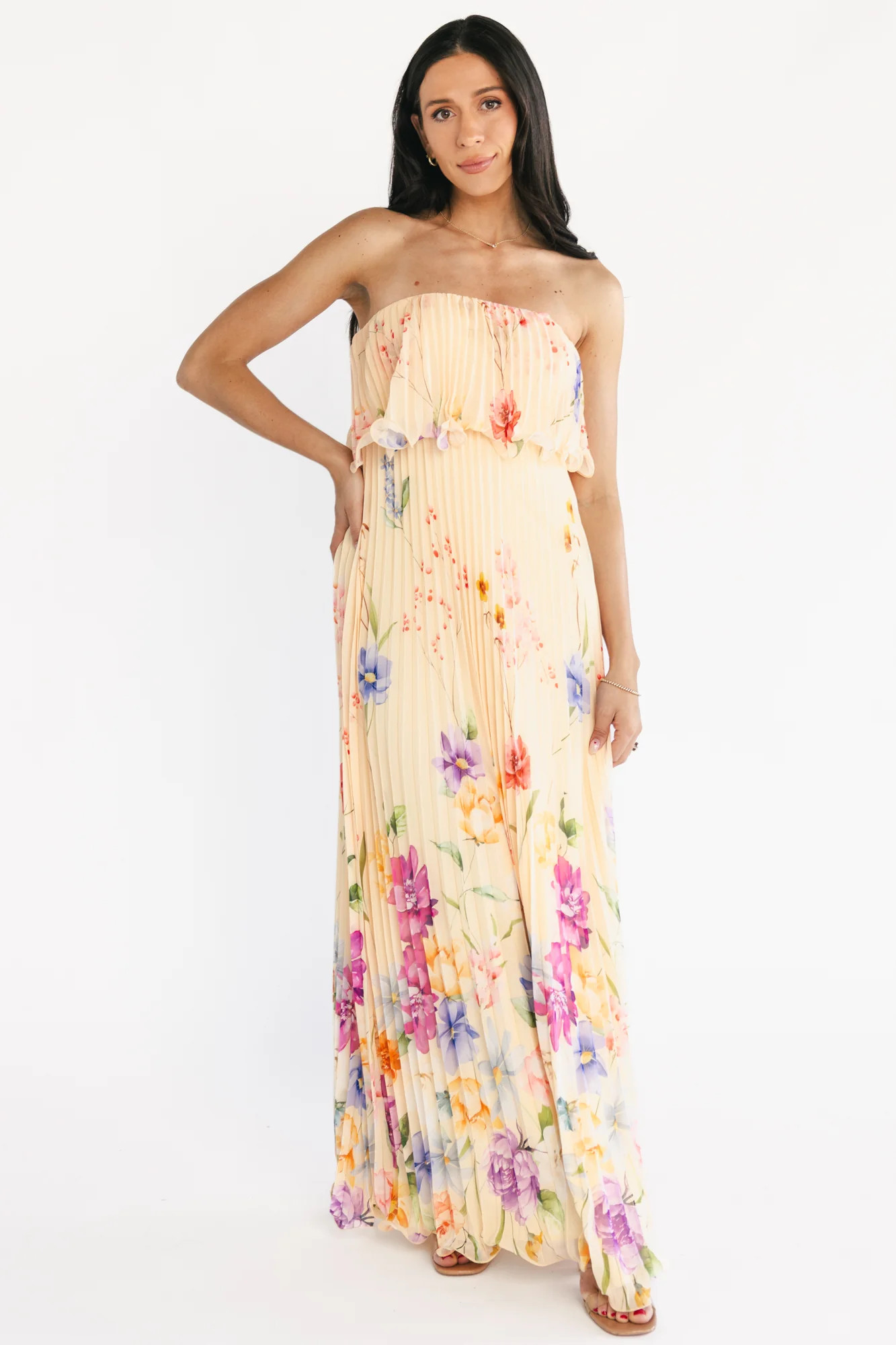 Bloom Pleated Strapless Maxi Dress | Multi Floral | Baltic Born