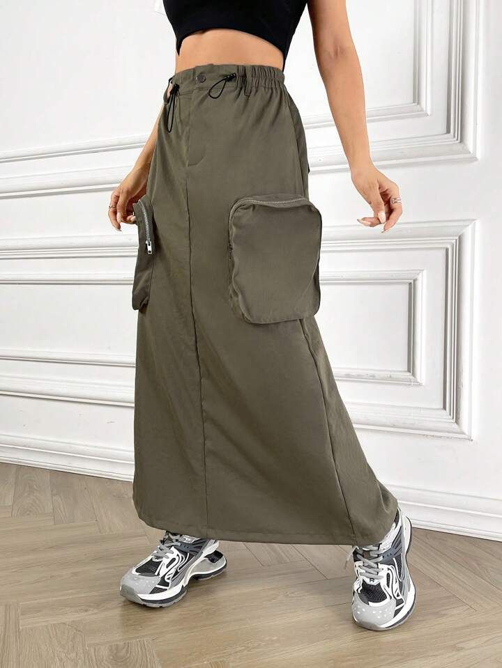SHEIN Coolane Flap Pocket Side Drawstring Waist Cargo Skirt | SHEIN
