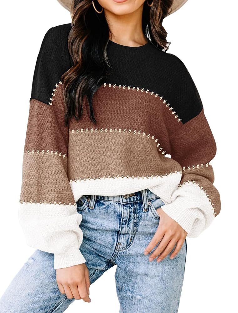 Womens Sweaters Fall 2025 Fashion Long Sleeve Color Block Oversized Sweater Trendy Casual Crew Ne... | Amazon (US)