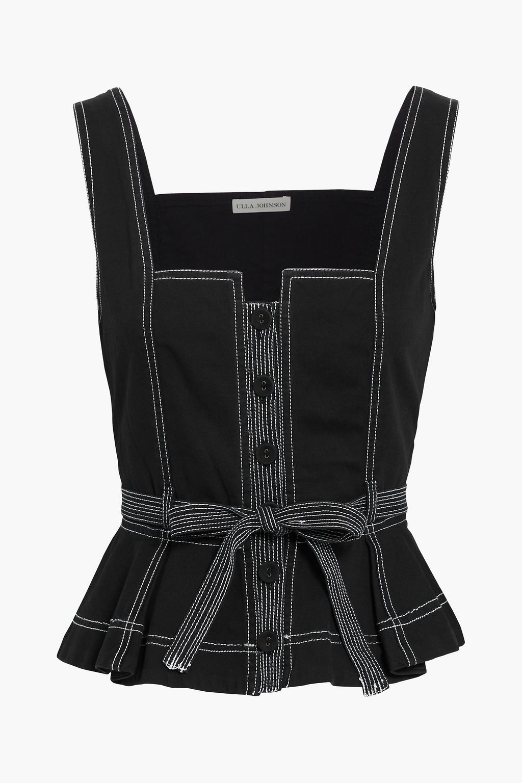 Black Denia belted topstitched cotton-twill peplum top | ULLA JOHNSON | THE OUTNET | The Outnet (US and CA)