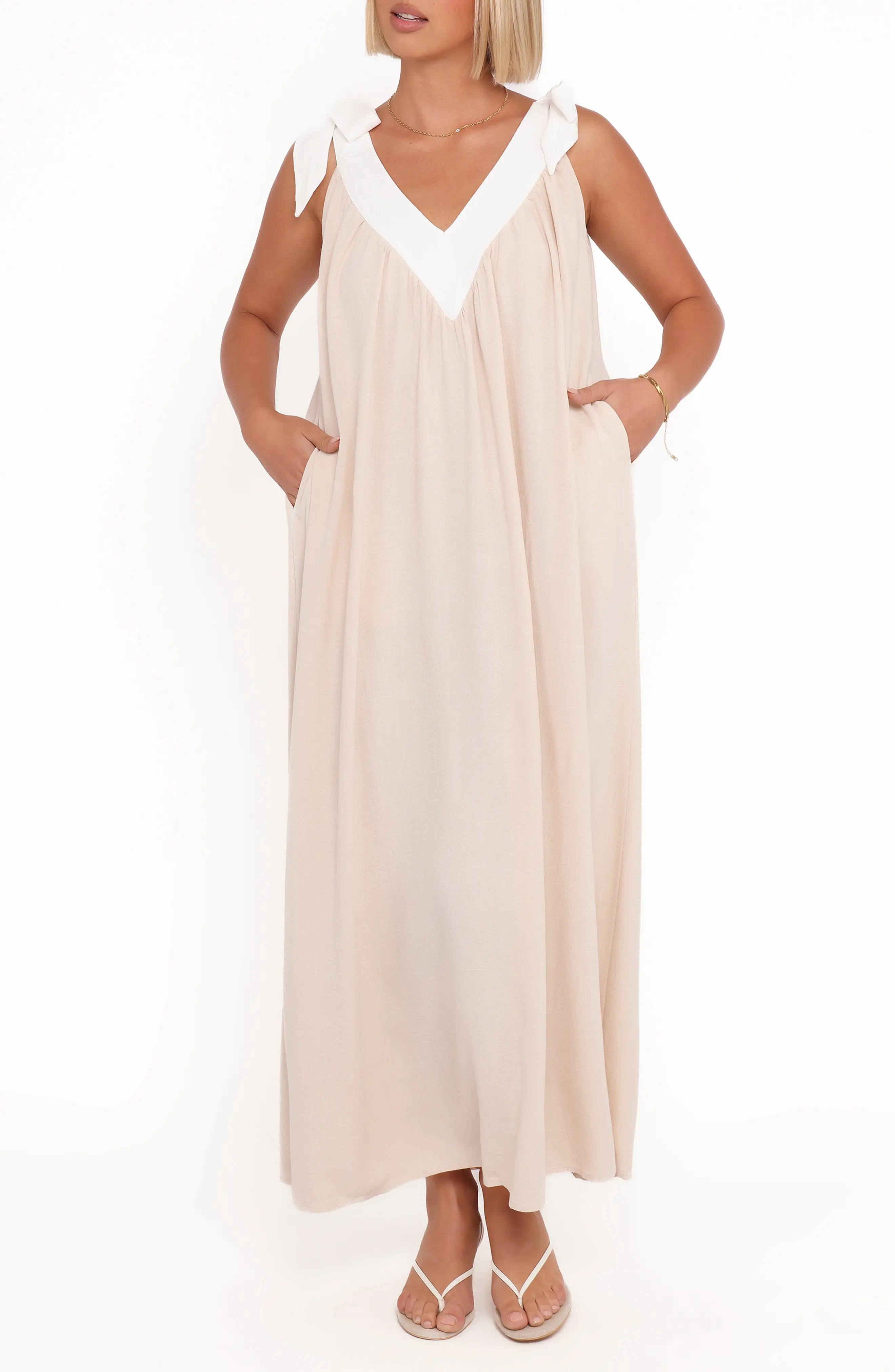 Petal & Pup Dami Shoulder Bow Maxi Dress in Oatmeal at Nordstrom, Size X-Small | Nordstrom