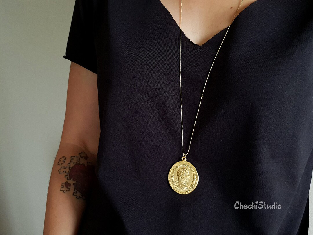 Long Gold Necklace, Gold Medallion Necklace, Statement Necklace, Gift for Her, Gold Chain Necklac... | Etsy (US)