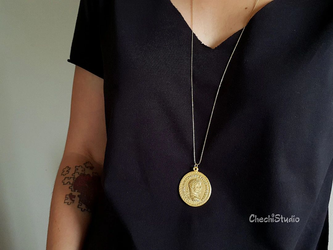 Long Gold Necklace, Gold Medallion Necklace, Statement Necklace, Gift for Her, Gold Chain Necklac... | Etsy (US)