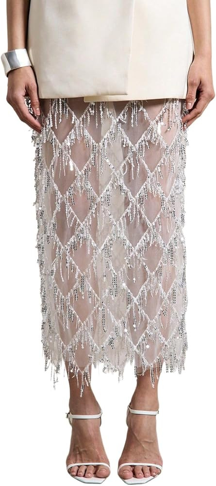 Apvirdy Sequin Skirt for Women Sparkly Fringe Sheer Overlay Skirt High Waist Side Split Midi Skir... | Amazon (US)