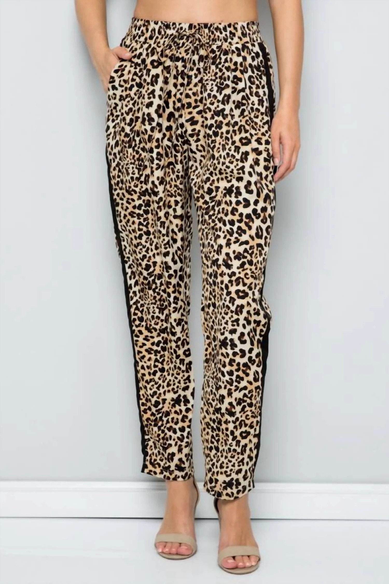 Leopard Print Straight Leg Pants With Black Side Stripe In Brown | Shop Simon