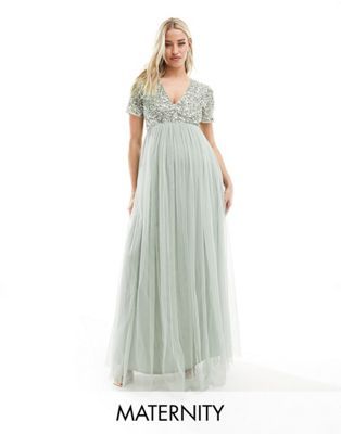 Maya Maternity Bridesmaid short sleeve maxi tulle dress with tonal delicate sequins in sage green | ASOS (Global)
