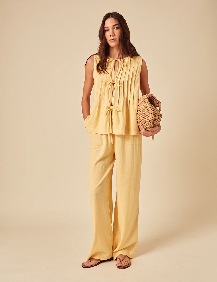Butter Yellow Linen-blend Tie Front Top | Nobody's Child