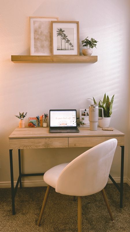 Home office, neutral tones, modern desk chair, floating wood shelf, minimalist desk