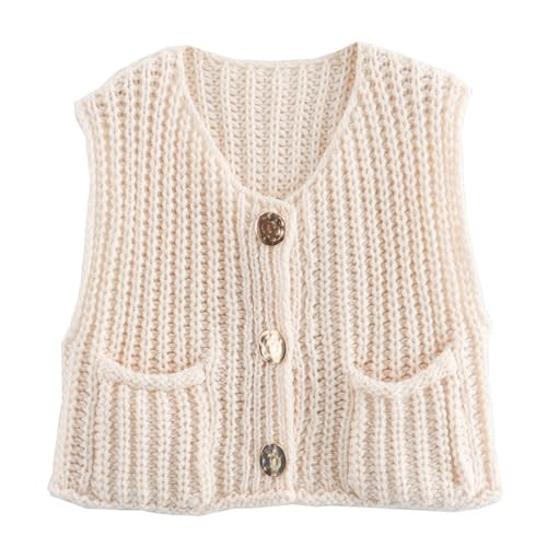 Women Y2K Chunky Knit Vest Solid Color Sleeveless Button Up V Neck Cropped Knit Sweater Vest Cardigan Streetwear with Pockets | Amazon (US)