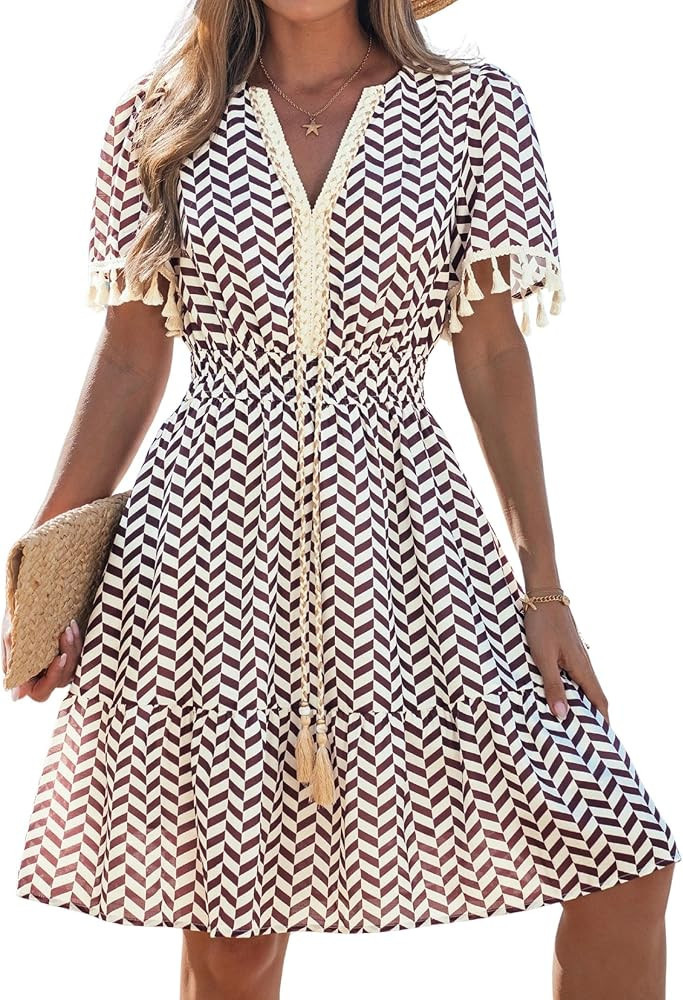 popvil Women Summer Short Dress 2026 Casual Mini Beach Dress Cute Boho Short Sleeve V Neck A-Line... | Amazon (US)