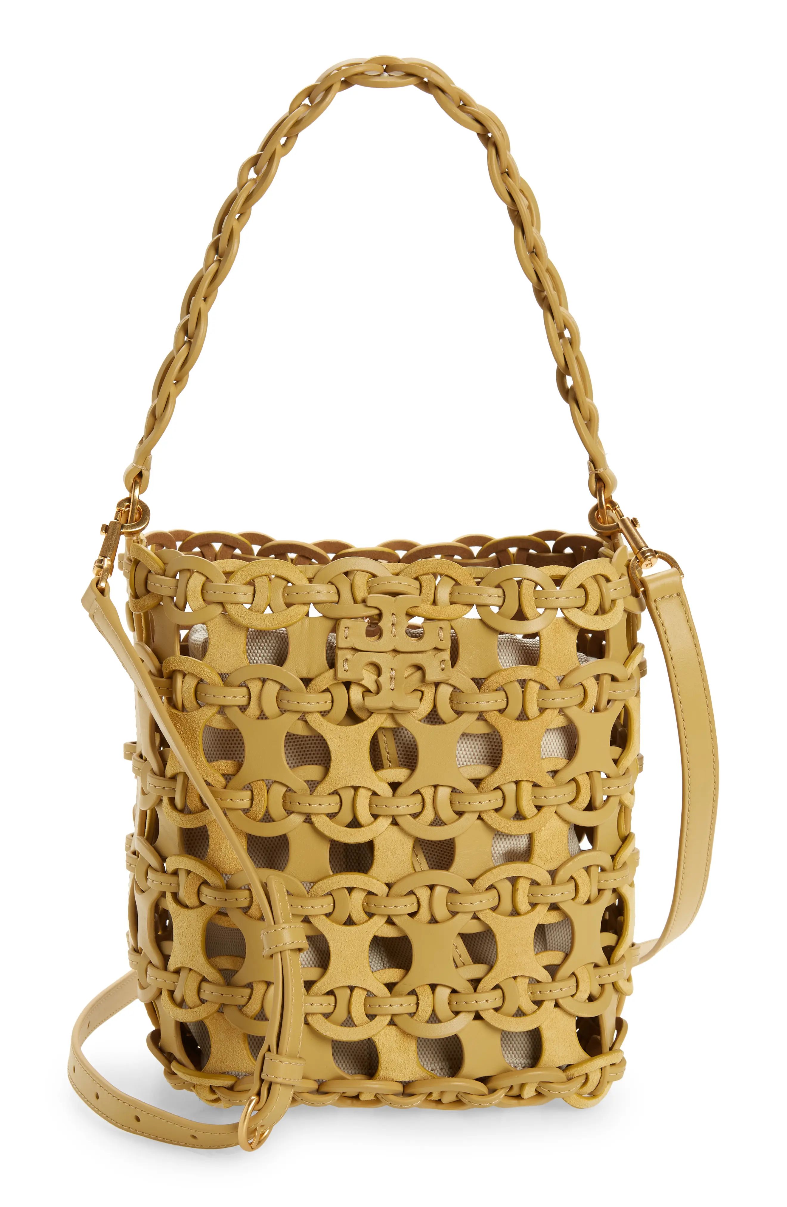 Tory Burch McGraw Small Woven Leather Bucket Bag in Beeswax at Nordstrom | Nordstrom