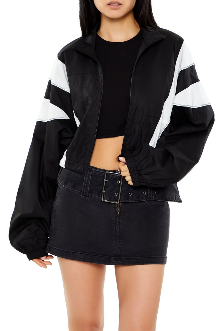 Women's Colorblock Windbreaker Jacket in Black/White, XL | Forever 21