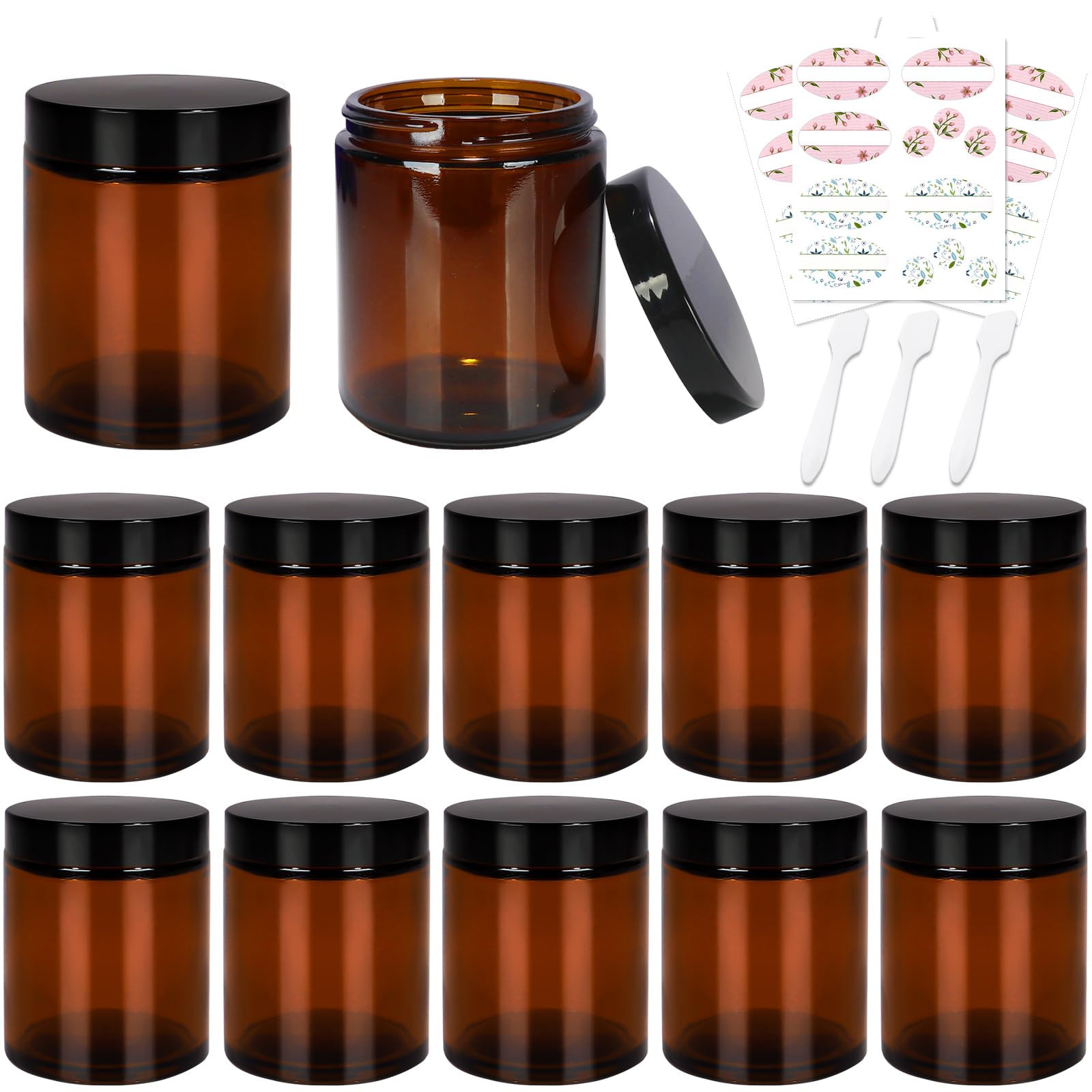 8 oz Amber Glass Jars with Lids,12 Pack Empty Cosmetic Containers with Inner Liners and Black Lid... | Amazon (CA)
