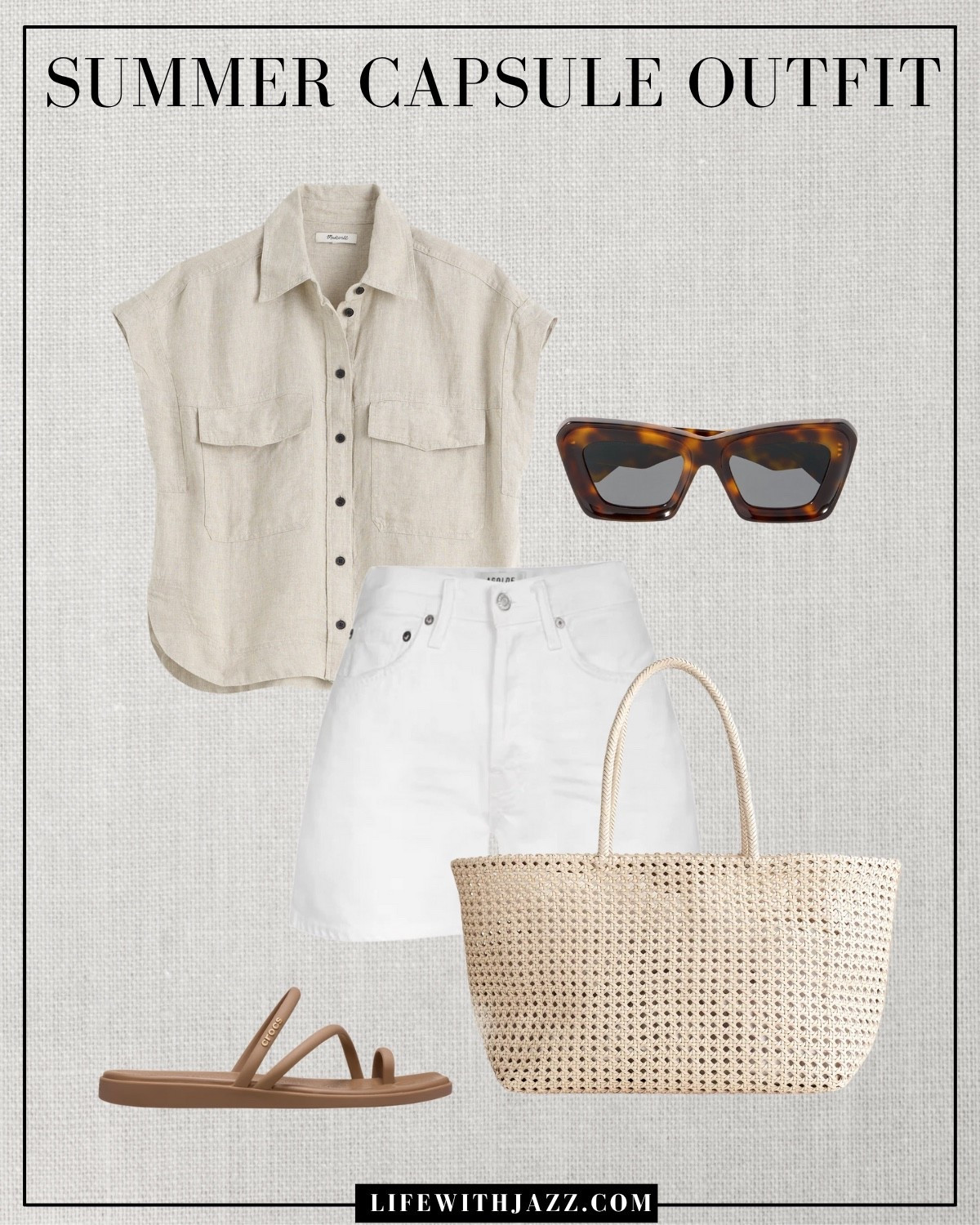 Summer capsule outfit 

Minimal style / elevated style / white tank / beige linen top/ white denim shorts / woven tote bag / waterproof sandals / beach pool sandals/ tortoise shell sunglasses / Madewell / tan sandals / smart casual / Demellier / Jcrew / quince / Nordstrom / src25 

#LTKSeasonal #LTKStyleTip