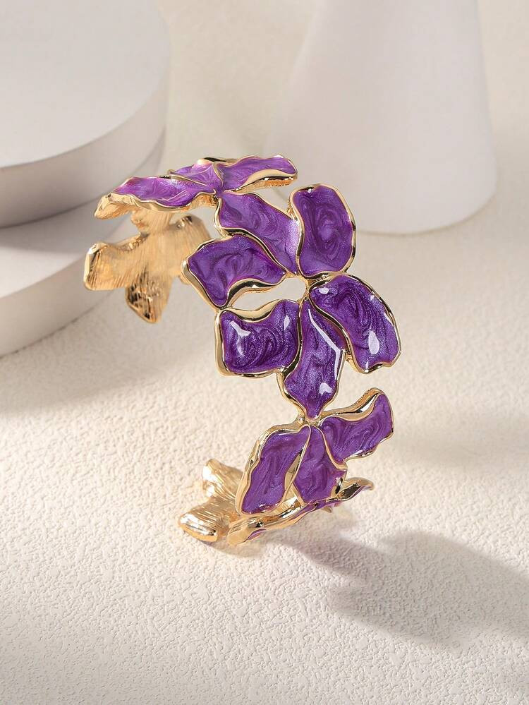 1pc Vintage Luxury Mori Style Metal Alloy Purple Enamel Glazed Half-Flower & Maple Leaf Petal Pat... | SHEIN