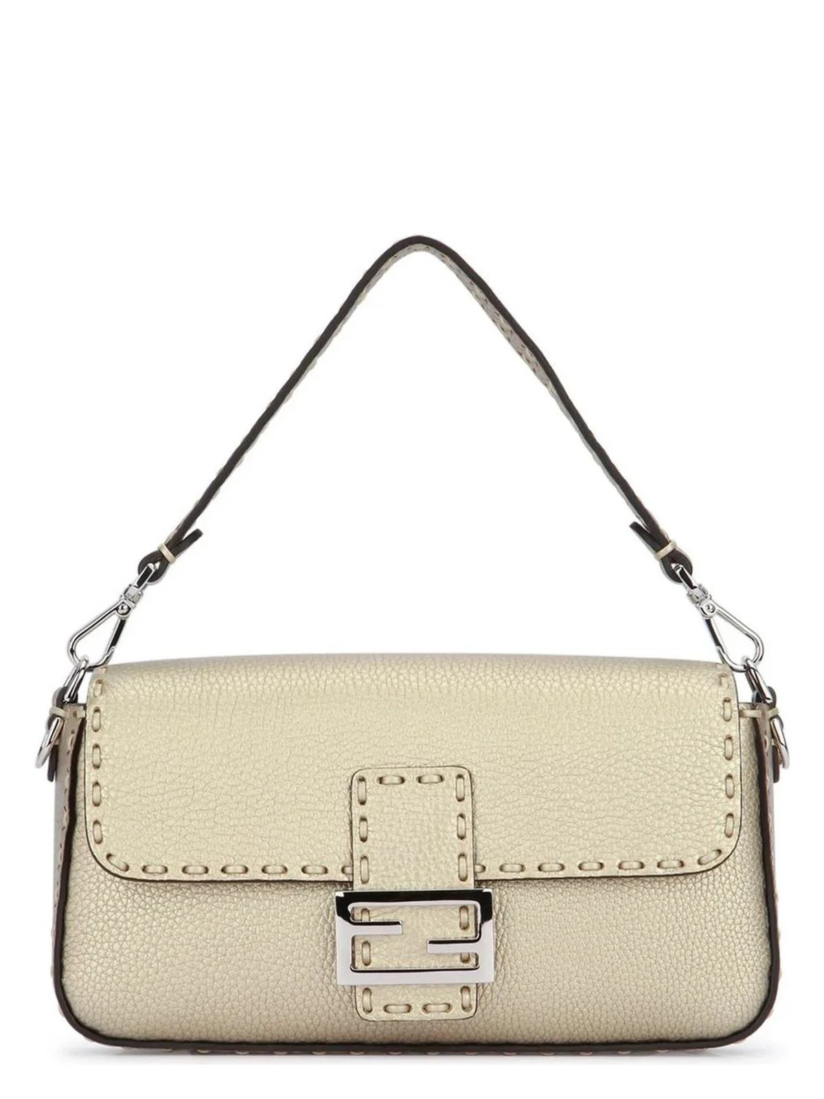 Fendi Women's Champagne Colored Medium Baguette Bag in Metallic | Size UNICA | 8BR600AT0G | LOZURI