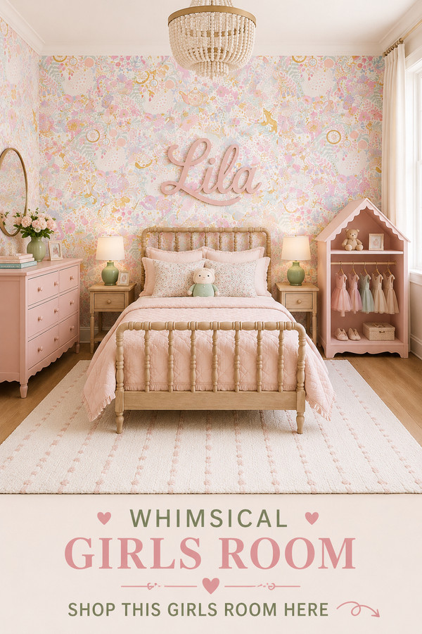 Transform your little one's space into a dreamy whimsical girls room with beautiful pastel floral wallpaper, a cozy blus