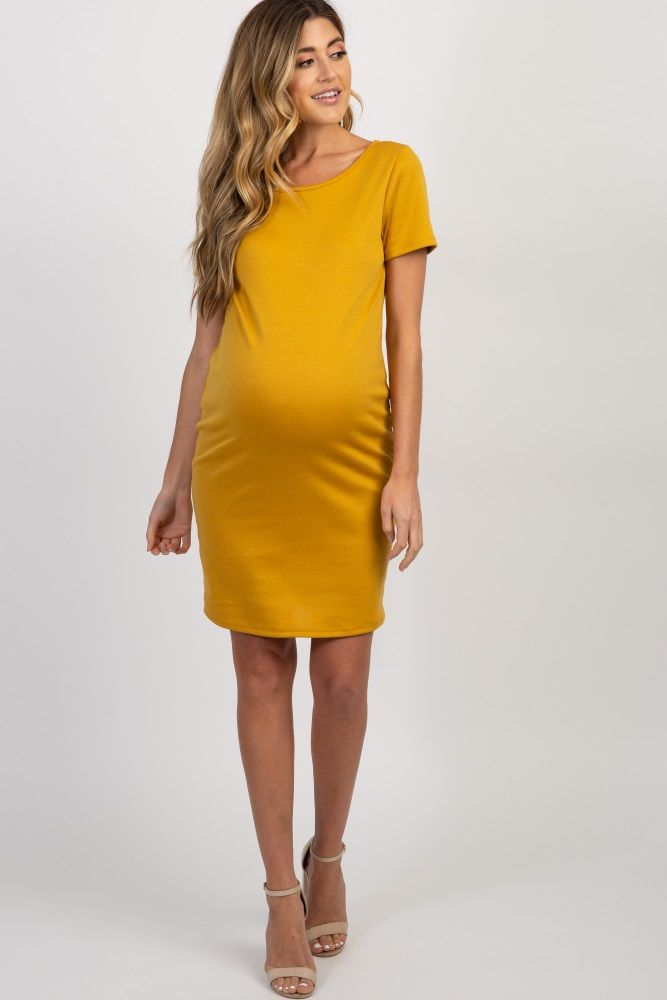 PinkBlush Yellow Fitted Short Sleeve Maternity Dress | PinkBlush Maternity