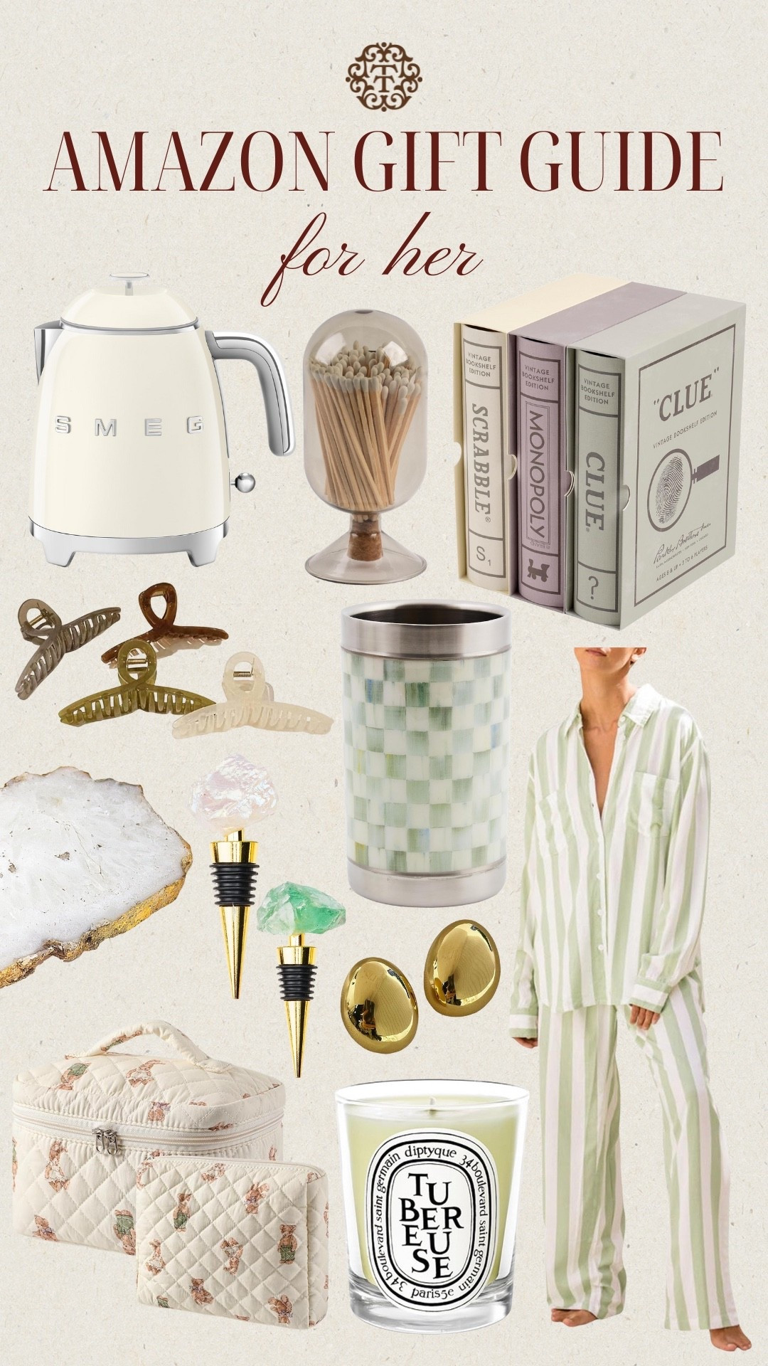 Amazon gift guide for her! We are loving the SMEG tea kettle, Mackenzie Childs wine bottle checkered cooler, and board games that double as home decor! If you are looking for some stocking stuffers we think the gold earrings and claw clips would be perfect! 

#LTKGiftGuide #LTKHoliday #LTKFindsUnder100